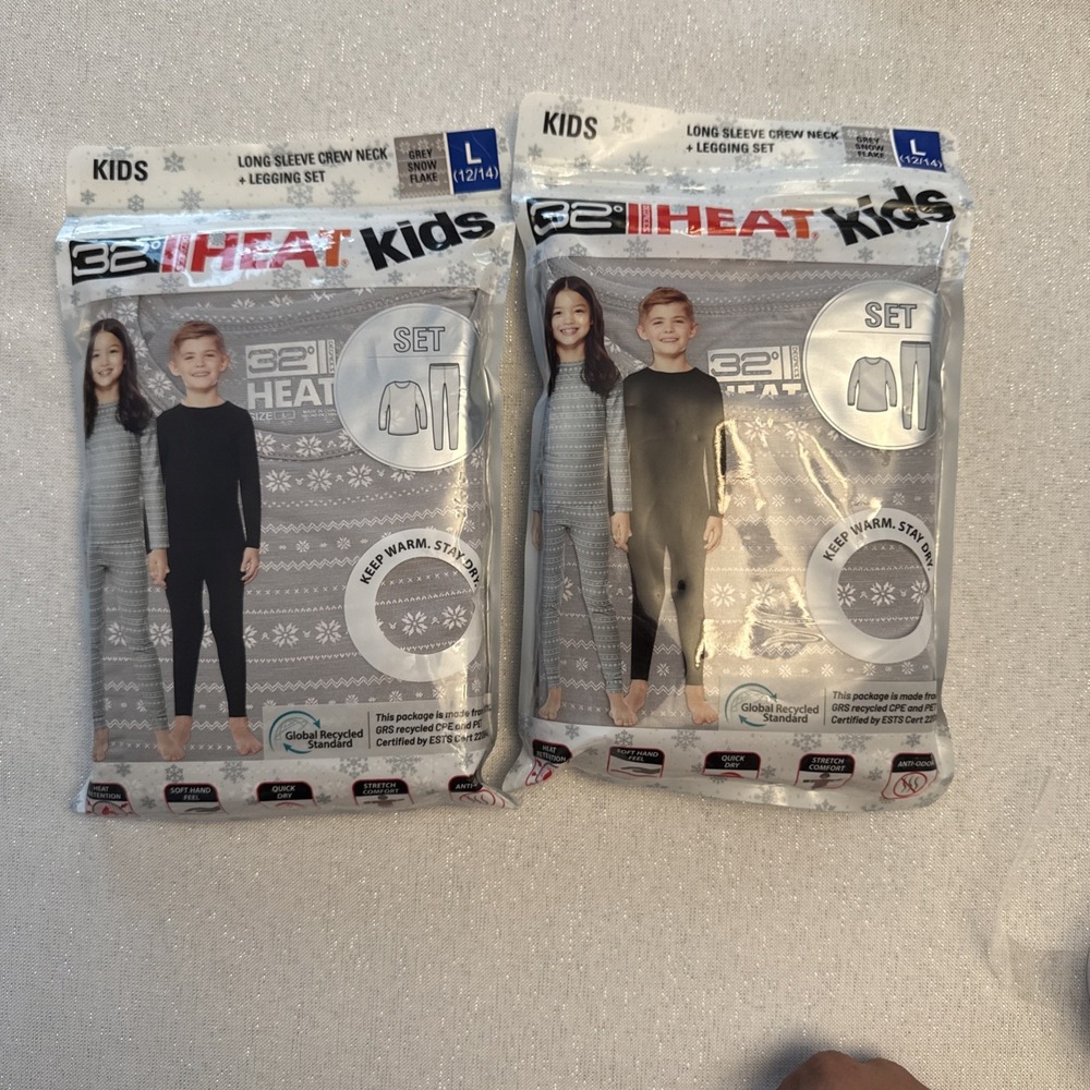 32 Degrees Heat Kids 2 Pack Thermal Base Layer Set Grey Snow Flake L 12/14